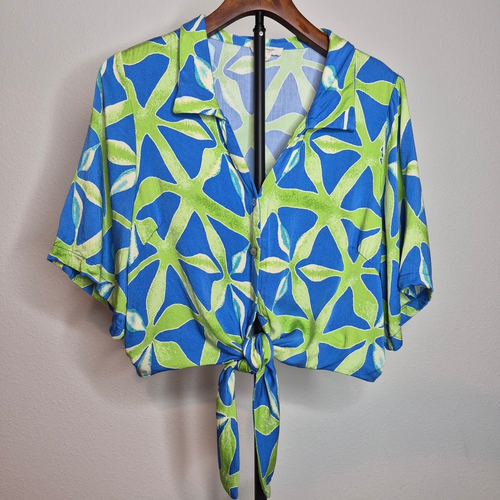 Haute Hippie Style Blue Lime Green Abstract Floral Tie Front Crop Top Blouse L